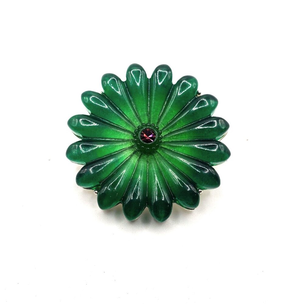 Vintage Emerald Green Lucite and Amethyst Brooch with Chrome Backing 1.75" VGC